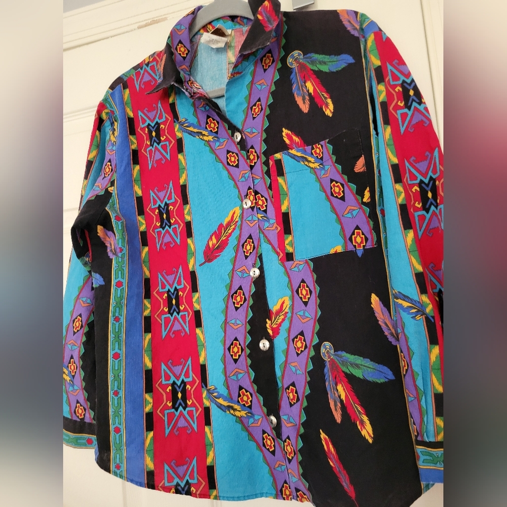 Vintage Western Plains Print Cowboy Cut Brushpopper Western Shirt Mens Size M